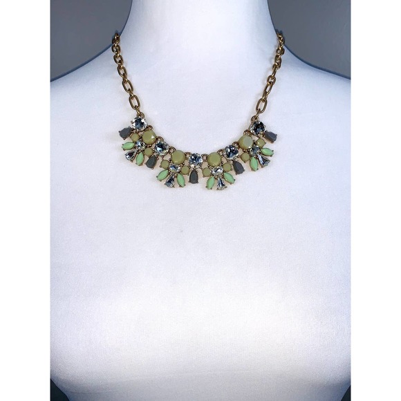 J. Crew Green & Pewter Stone Crystal Cluster Statement Necklace EUC - Picture 2 of 7